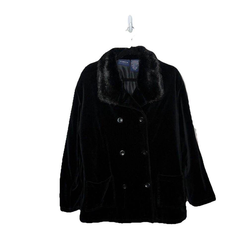 Liz Claiborne Liz Sport Black Velvet Jacket Coat Faux Fur Trim Sz Medium Women